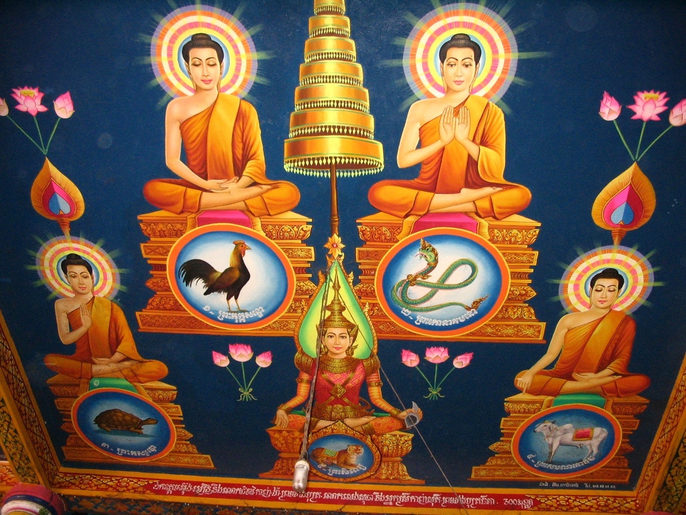 Stropní kresby 5 Buddhů Siem Reap Kambodža
