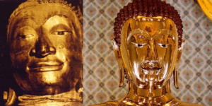 Buddhistické sochy Thajsko a Kambodža, zlaté bronzové sochy Buddhy, historické a náboženské památky.