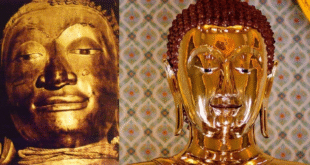Buddhistické sochy Thajsko a Kambodža, zlaté bronzové sochy Buddhy, historické a náboženské památky.