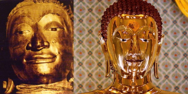 Buddhistické sochy Thajsko a Kambodža, zlaté bronzové sochy Buddhy, historické a náboženské památky.