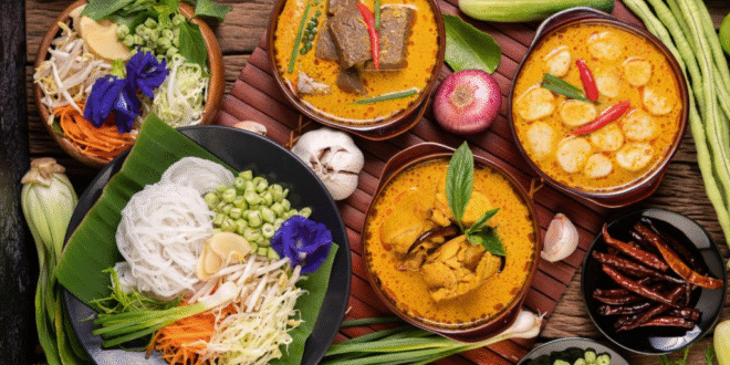 Vrchní pohled na thajskou a kambodžskou tradiční kuchyni s kari, nudlemi a čerstvou zeleninou.