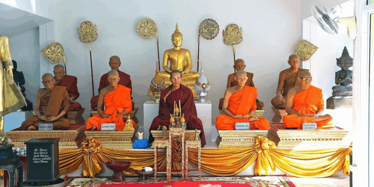 Kladba buddhistických mnichů v chrámu, symbol míru a duchovní tradice v Thajsku a Kambodži.