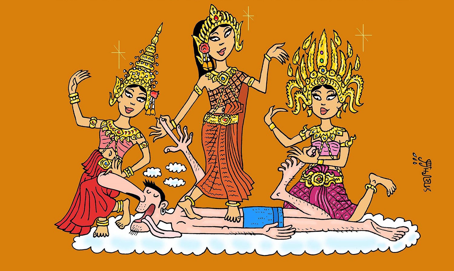 Thajsko a Kambodža, tradiční taneční vystoupení s africkými motivy, barevné kostýmy, umělecké podání, kultura Asie.