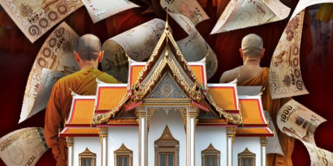 Hotové bankovky a thajští mniši na pozadí, luxusní chrám v Thajsku kategorie cestování a kultury.